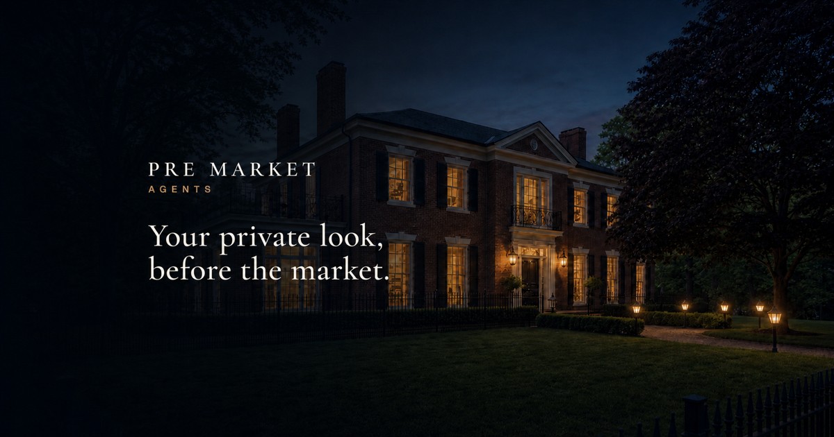 Night view of a lit estate home — Pre Market Agents: Your private look, before the market.