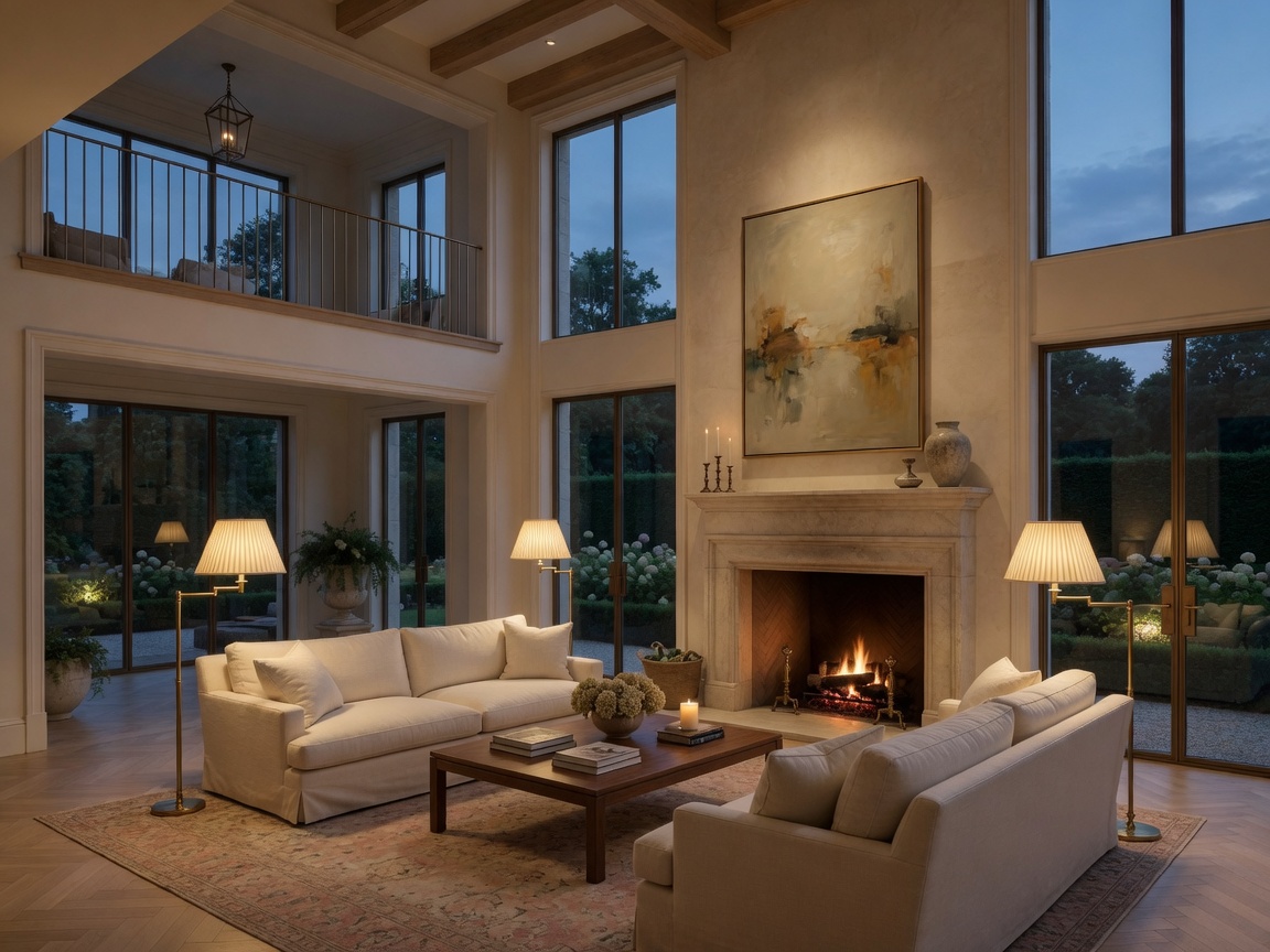 Warm luxury living room with fireplace at dusk