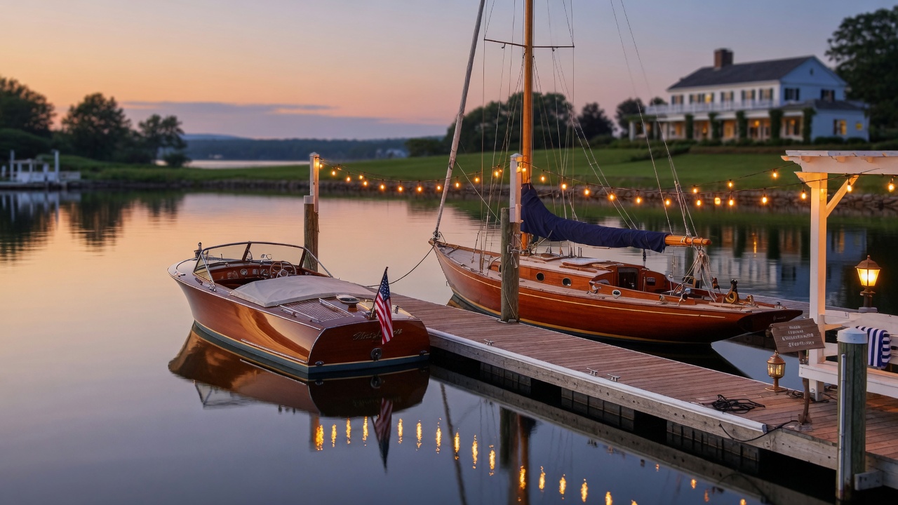 Classic wooden boats at a private dock at dusk