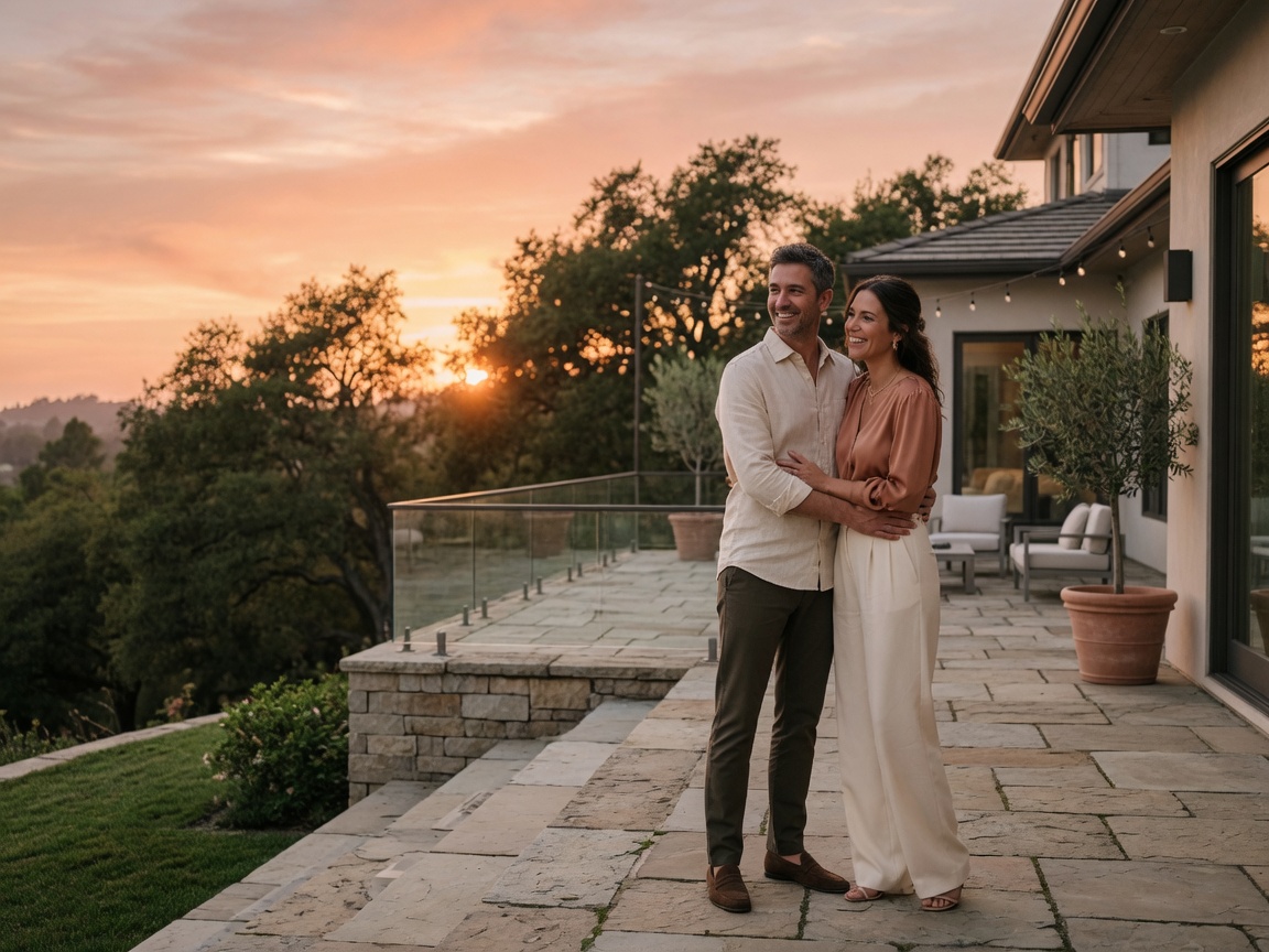 Happy couple on a stone patio at sunset