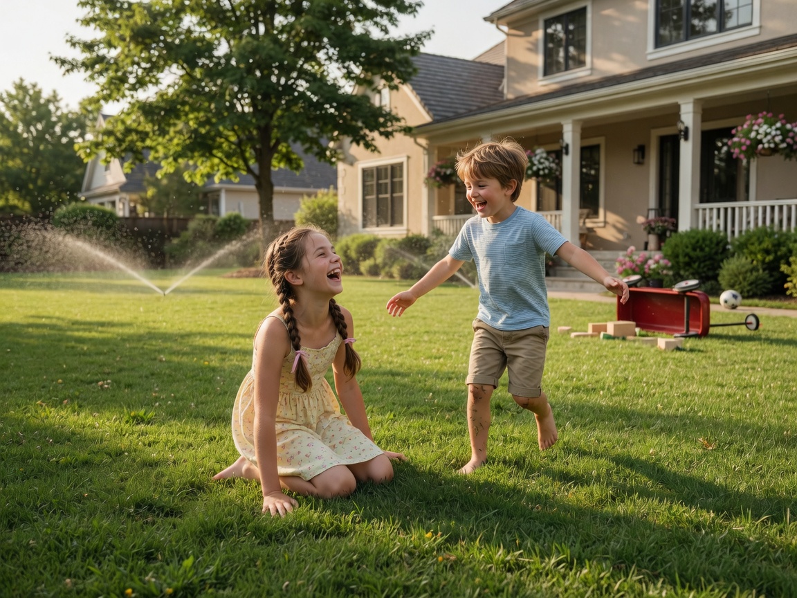 Children laughing on a green lawn in front of a home