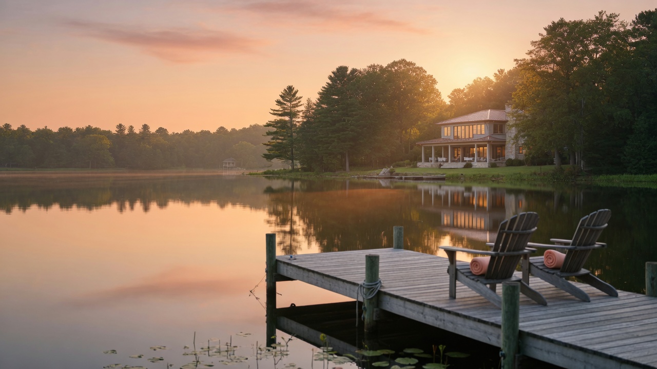 Quiet lake at golden hour with a dock and chairs
