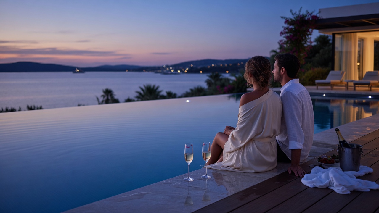 Couple by a pool overlooking water at twilight